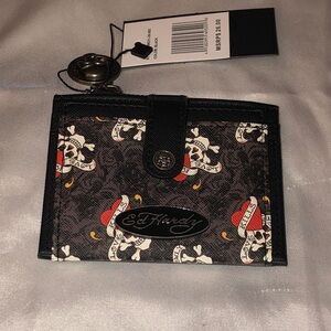 Ed Hardy Black Faux Leather Card Wallet Mini Love Kills Slowly Skull & Heart NWT